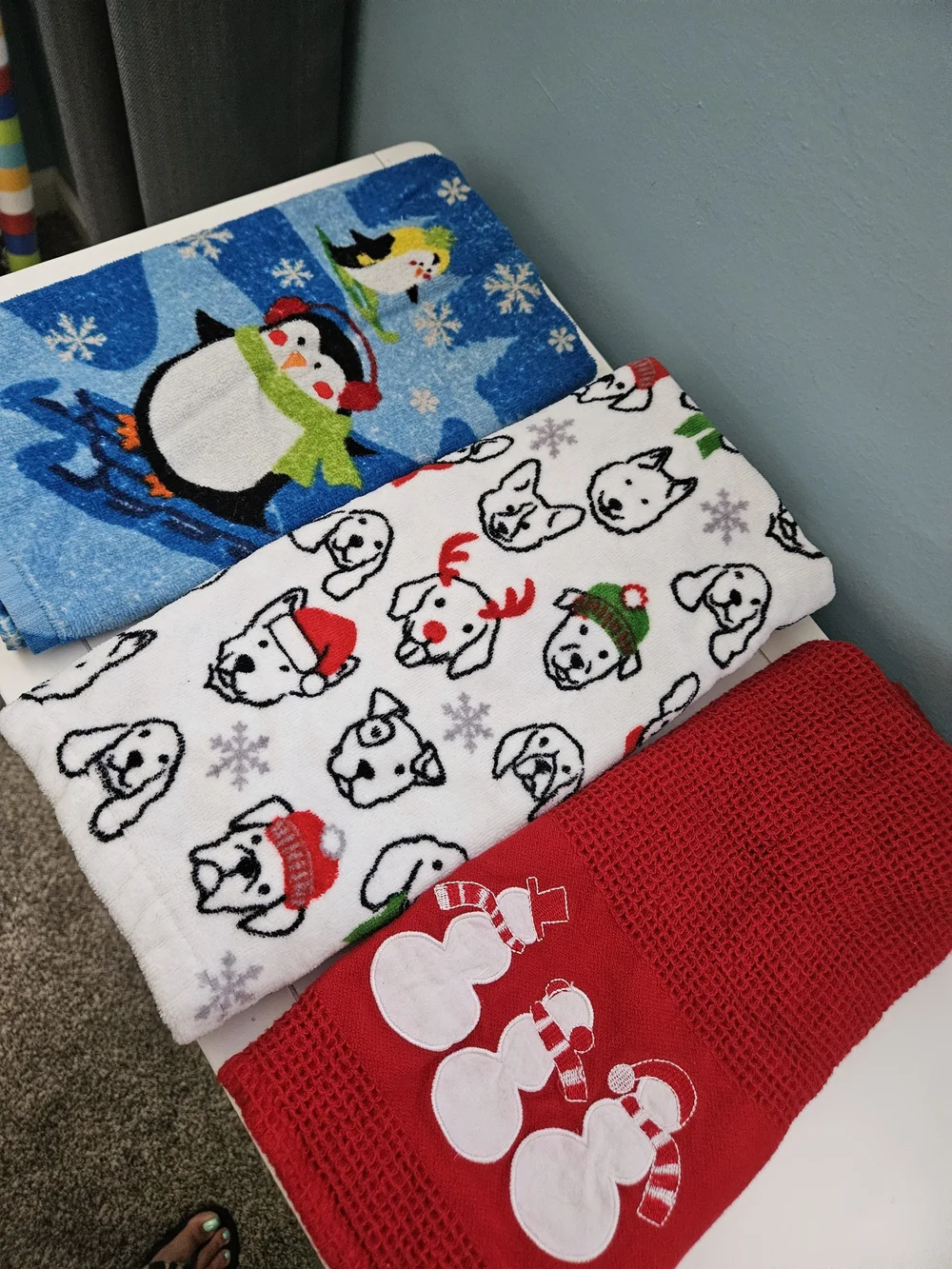 Festive Holiday Kitchen Towels - Penguin, Polar Bear & Snowman Designs